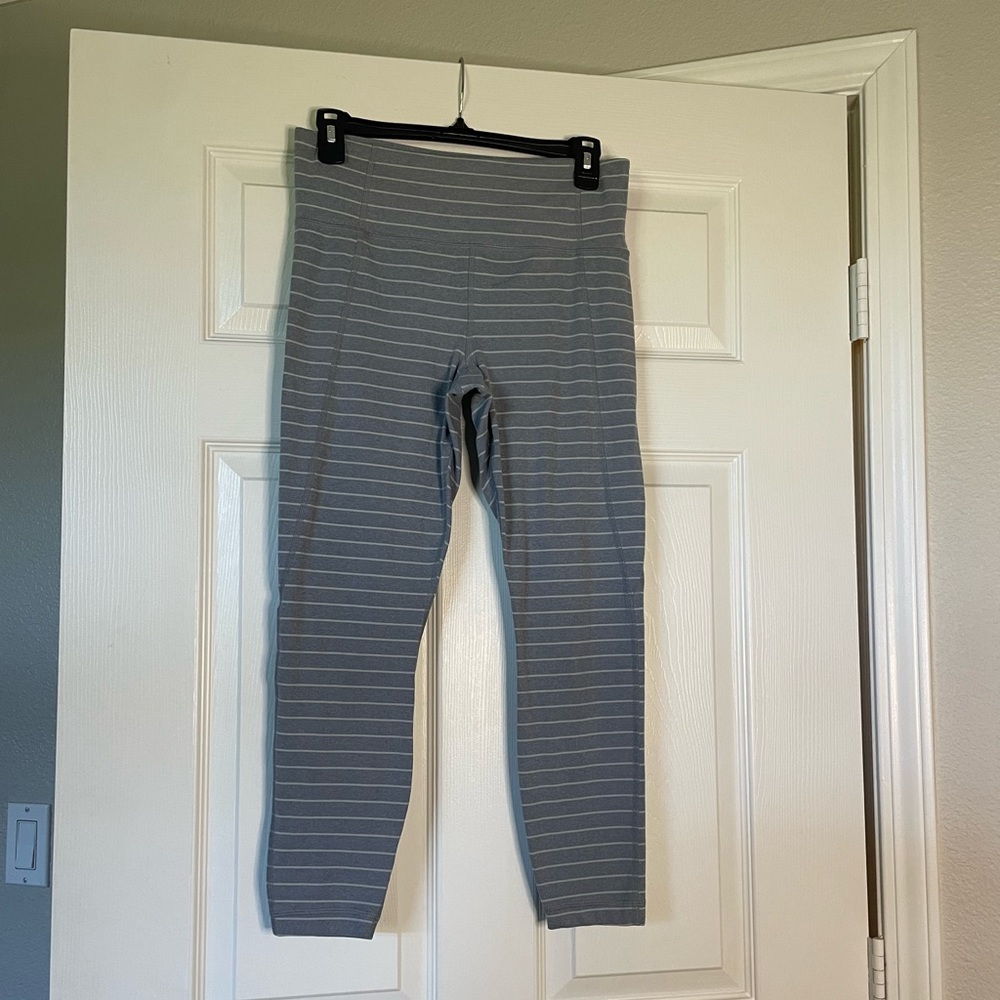 Athleta Stripe Salutation Gray and White Leggings, Size M
